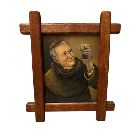 Vintage Monk Wine Art Rustic Wood Framed Painting - Picture 2 of 9
